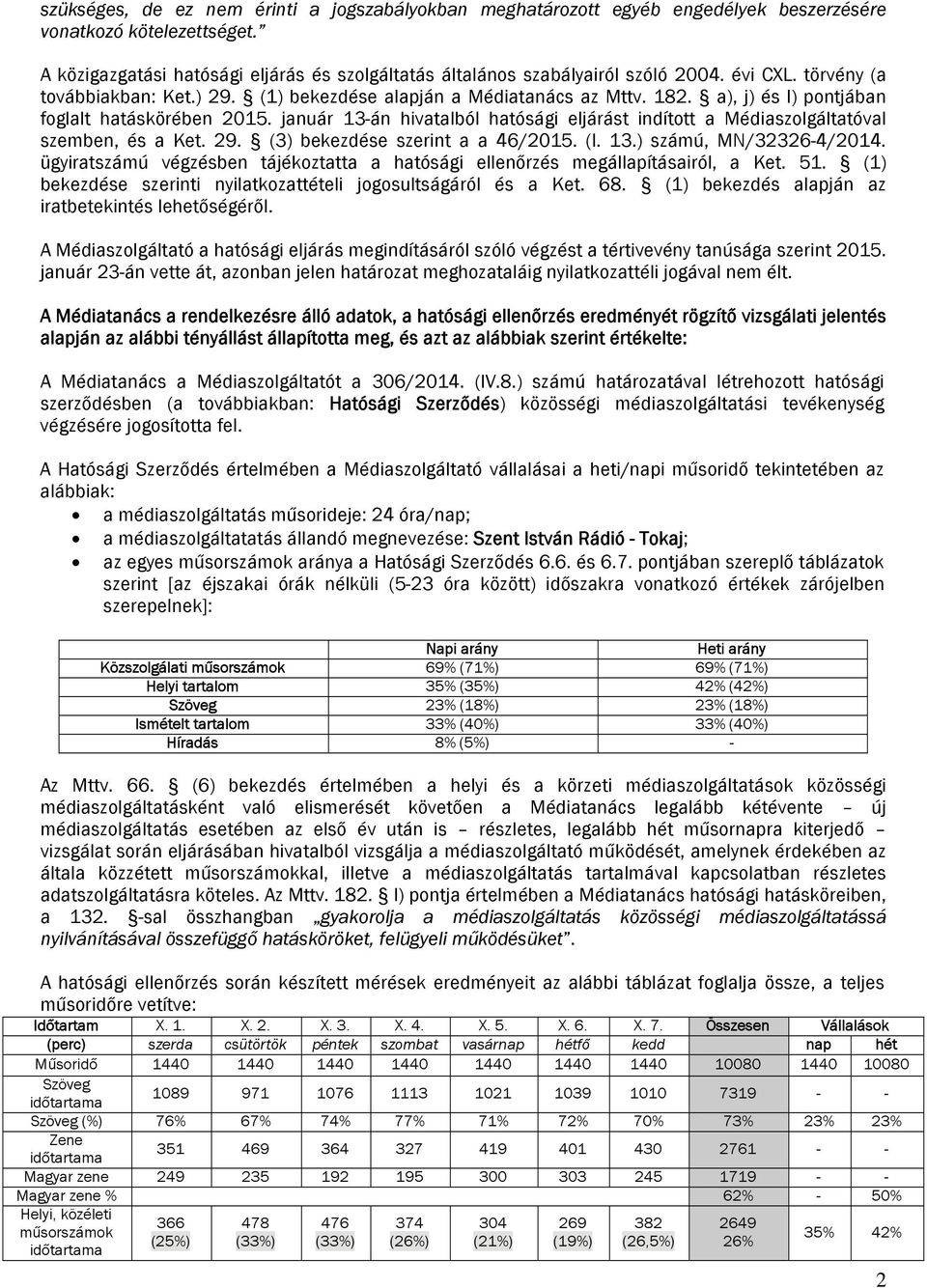 január 13-án hivatalból hatósági eljárást indított a Médiaszolgáltatóval szemben, és a Ket. 29. (3) beezdése szerint a a 46/2015. (I. 13.) számú, MN/32326-4/2014.