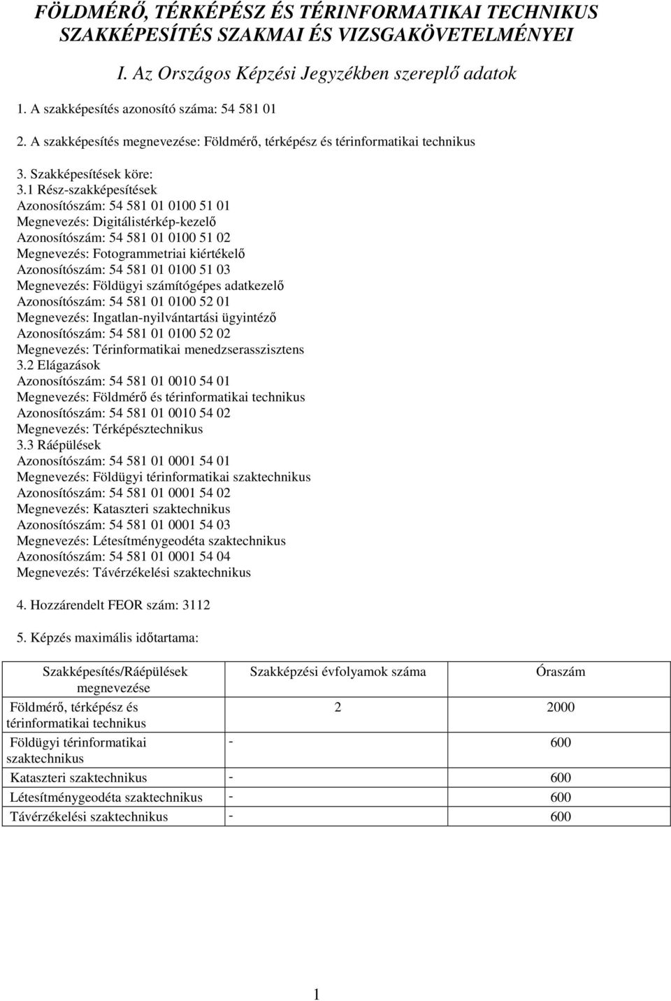 1 Rész-szakképesítések Azonosítószám: 54 581 01 0100 51 01 Megnevezés: Digitálistérkép-kezelő Azonosítószám: 54 581 01 0100 51 02 Megnevezés: Fotogrammetriai kiértékelő Azonosítószám: 54 581 01 0100