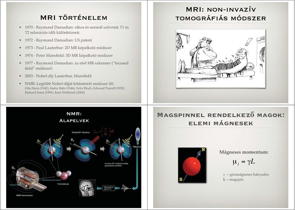 MR szkenner ( focused field módszer) 2003 - Nobel-díj: Lauterbur, Mansfield NMR: Legtöbb Nobel-díjjal kitüntetett módszer (6) Otto Stern (1942), Isidor Rabi (1944), Felix Bloch, Edward Purcell