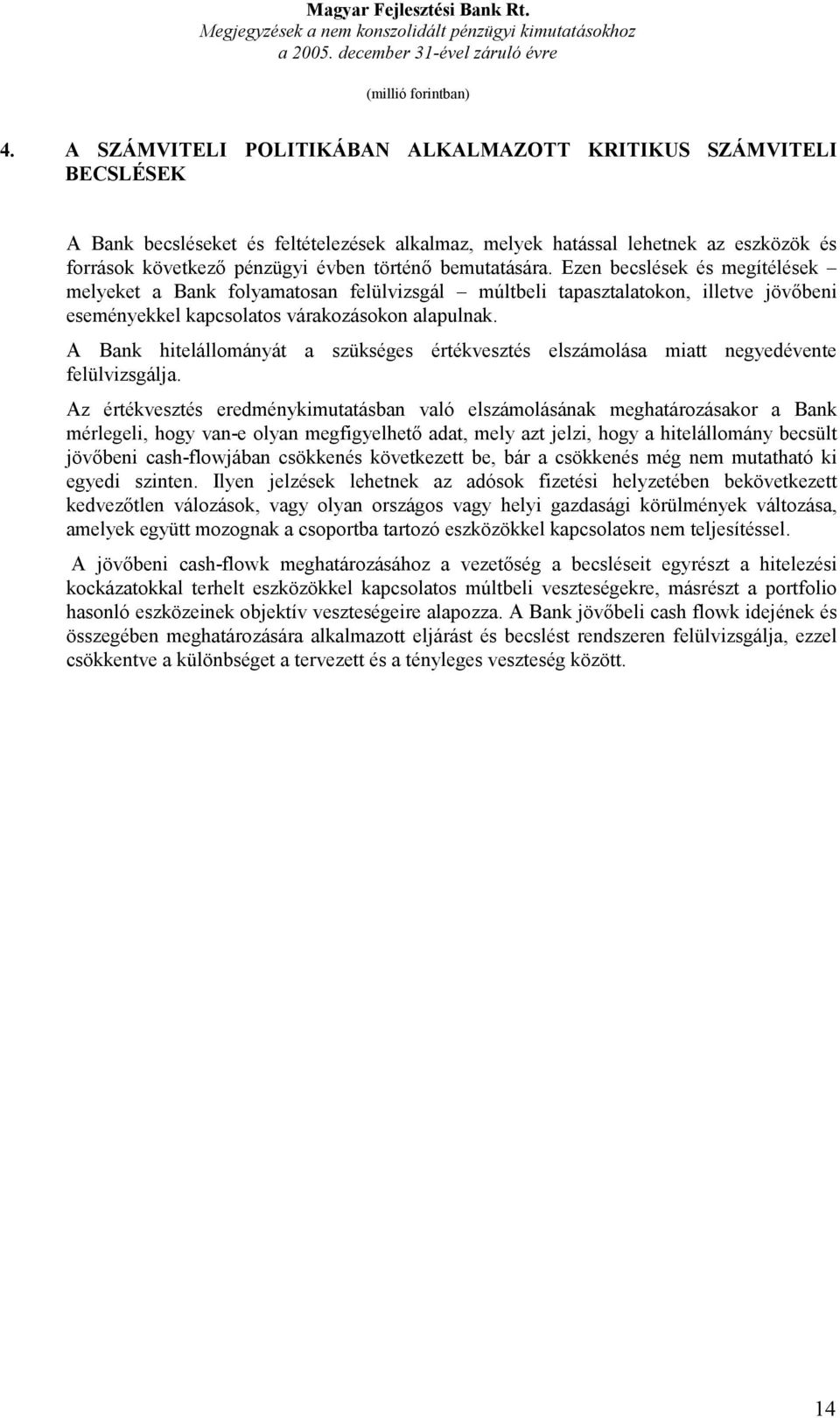 A Bank hitelállományát a szükséges értékvesztés elszámolása miatt negyedévente felülvizsgálja.