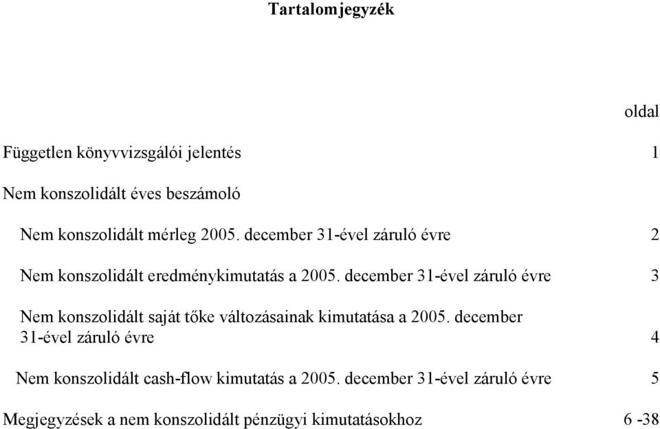 december 31-ével záruló évre 2 Nem konszolidált eredménykimutatás 3 Nem