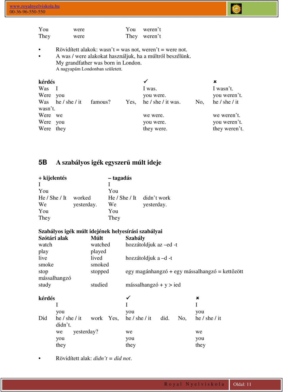 Were you you were. you weren t. Were they they were. they weren t. 5B A szabályos igék egyszerű múlt ideje + kijelentés tagadás I I You You He / She / It worked He / She / It didn t work We yesterday.