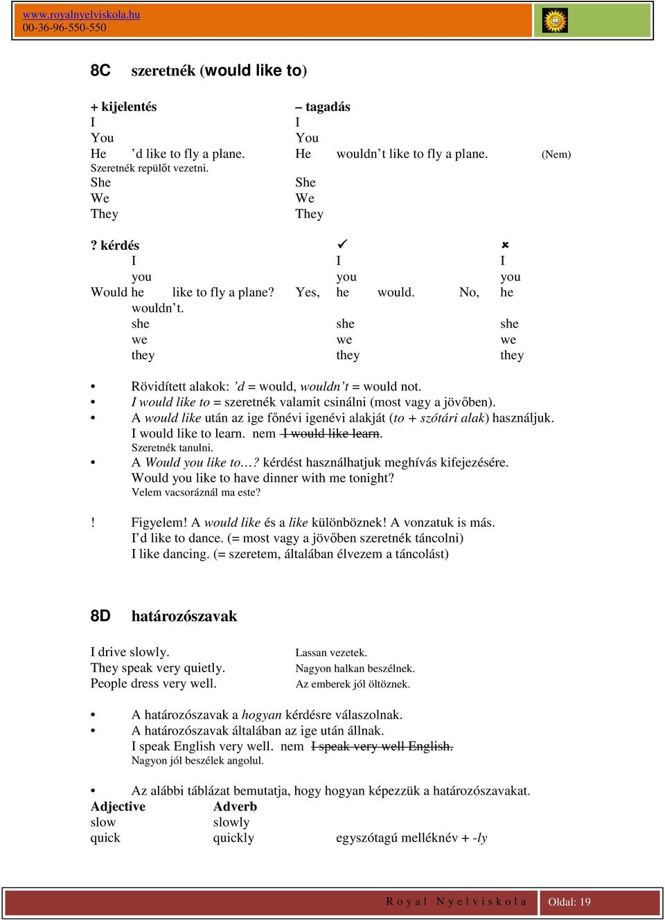 I would like to = szeretnék valamit csinálni (most vagy a jövőben). A would like után az ige főnévi igenévi alakját (to + szótári alak) használjuk. I would like to learn. nem I would like learn.