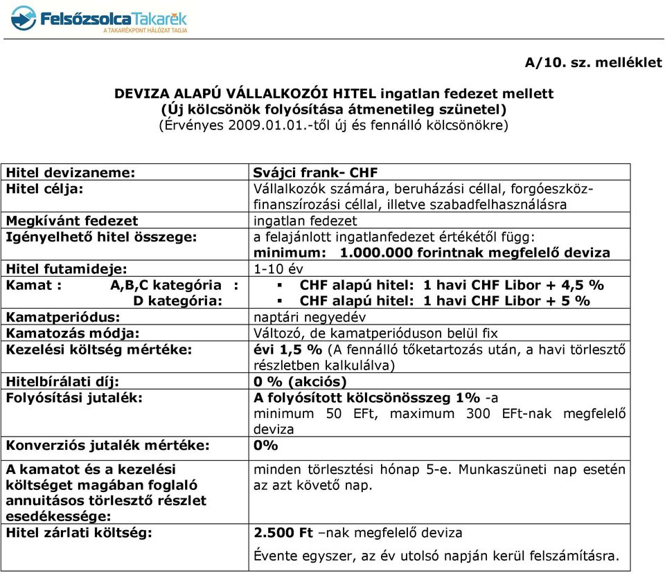 melléklet Hitel devizaneme: Svájci frank- CHF Hitel célja: Vállalkozók számára, beruházási céllal, forgóeszközfinanszírozási céllal, illetve szabadfelhasználásra Megkívánt fedezet ingatlan fedezet