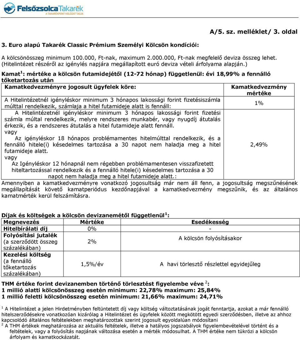 ) Kamat 1 : mértéke a kölcsön futamidejétől (12-72 hónap) függetlenül: évi 18,99% a fennálló tőketartozás után Kamatkedvezményre jogosult ügyfelek köre: Kamatkedvezmény mértéke A Hitelintézetnél