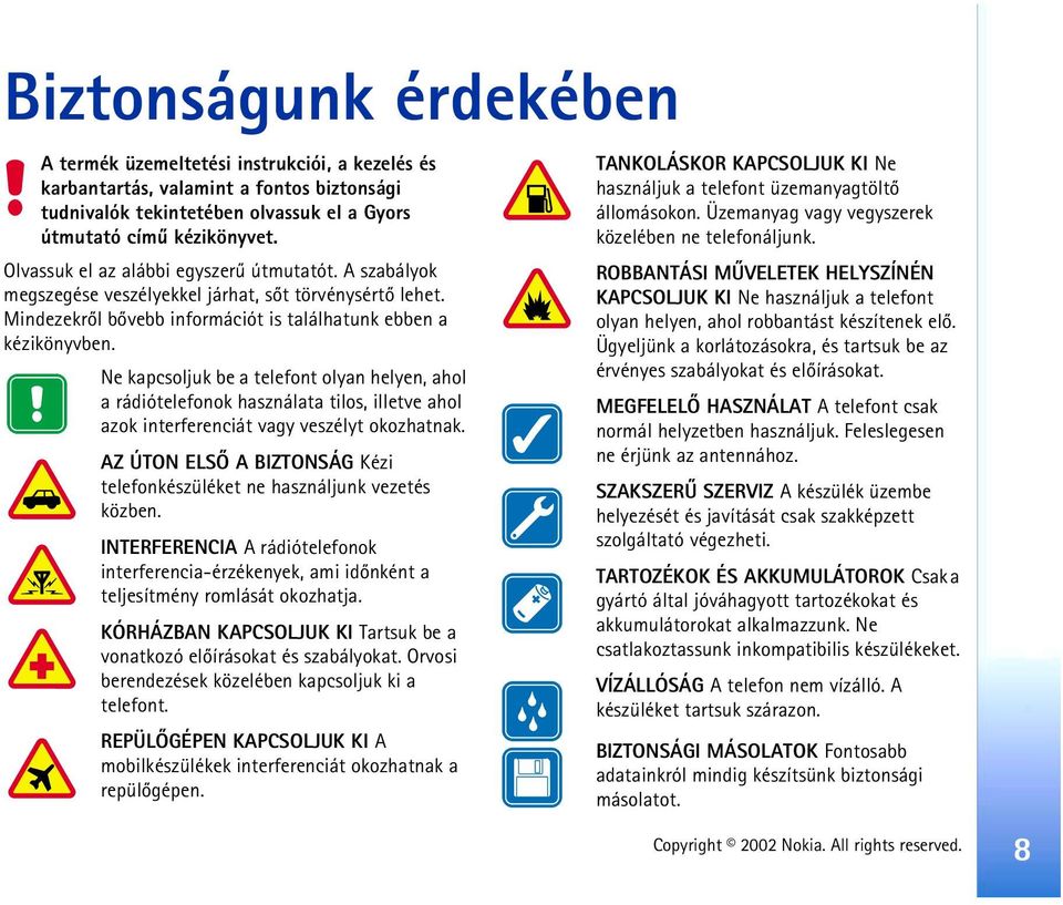 Ne kapcsoljuk be a telefont olyan helyen, ahol a rádiótelefonok használata tilos, illetve ahol azok interferenciát vagy veszélyt okozhatnak.