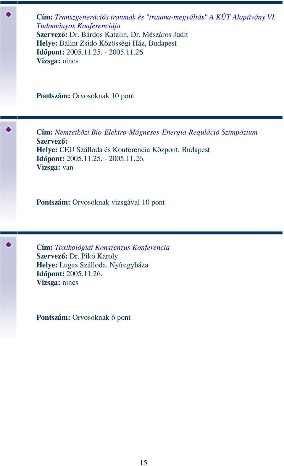 Cím: Nemzetközi Bio-Elektro-Mágneses-Energia-Reguláció Szimpózium Szervező: Helye: CEU Szálloda és Konferencia Központ, Budapest Időpont: 2005.11.