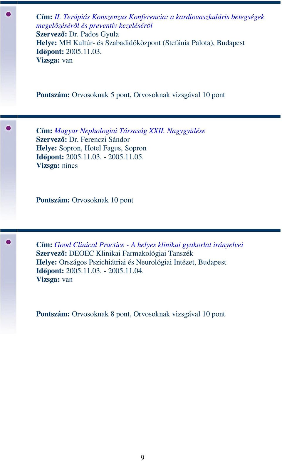 Pontszám: Orvosoknak 5 pont, Orvosoknak vizsgával 10 pont Cím: Magyar Nephologiai Társaság XXII. Nagygyűlése Szervező: Dr.