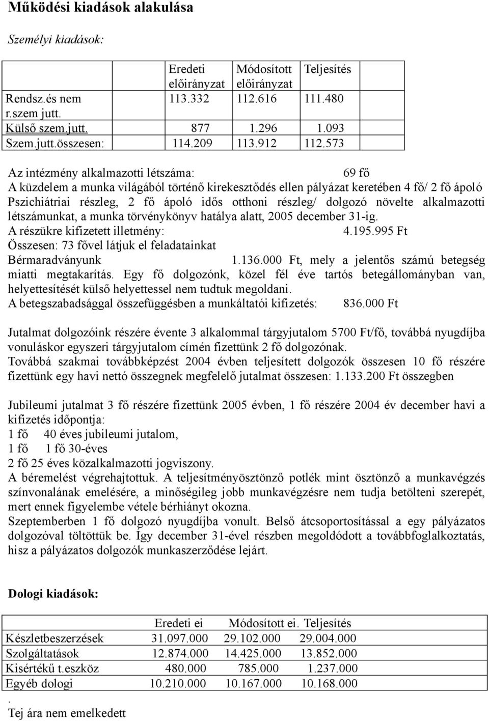 573 Az intézmény alkalmazotti létszáma: 69 fő A küzdelem a munka világából történő kirekesztődés ellen pályázat keretében 4 fő/ 2 fő ápoló Pszichiátriai részleg, 2 fő ápoló idős otthoni részleg/