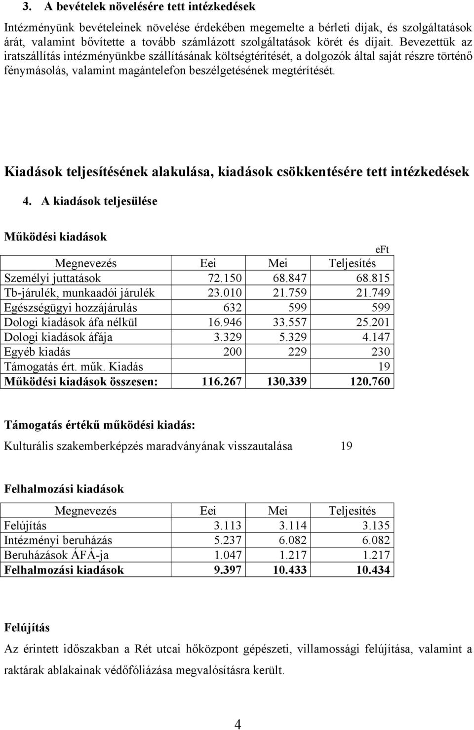 Kiadások teljesítésének alakulása, kiadások csökkentésére tett intézkedések 4. A kiadások teljesülése Működési kiadások eft Megnevezés Eei Mei Teljesítés Személyi juttatások 72.150 68.847 68.