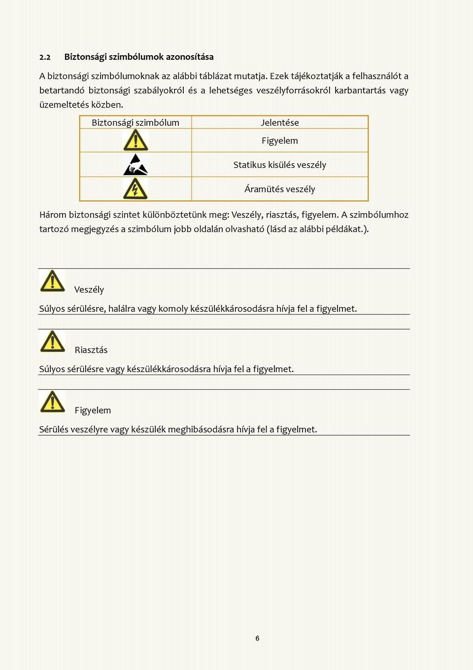 Biztonsági szimbólum Jelentése Figyelem Statikus kisülés veszély Áramütés veszély Három biztonsági szintet különböztetünk meg: Veszély, riasztás, figyelem.