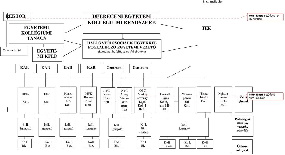 (koordinálás, felügyelet, fellebbezés) TEK Formázott: Betűtípus: 14 pt, Félkövér KAR KAR KAR KAR Centrum Centrum HPFK EFK Konz.