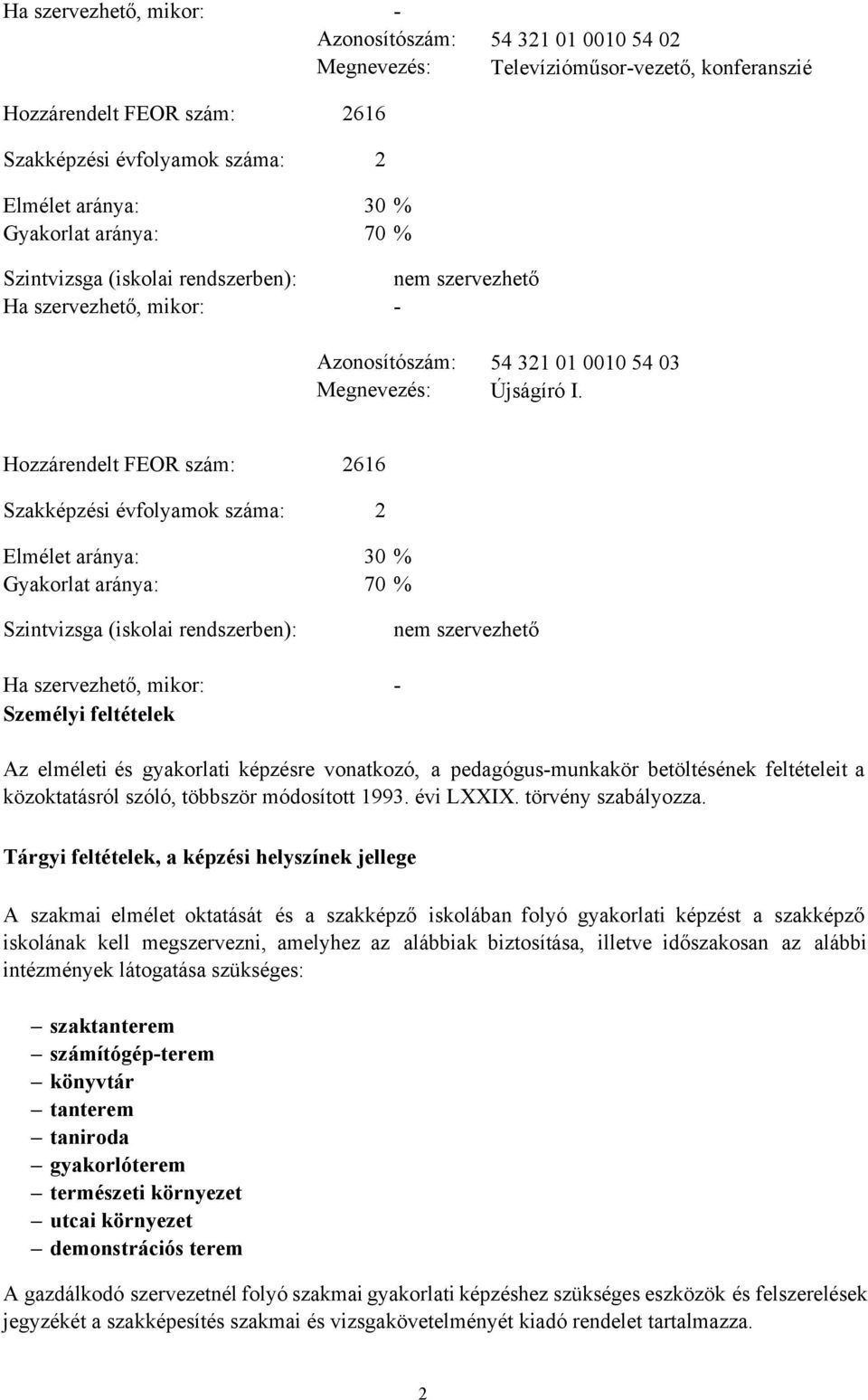 Hozzárendelt FEOR szám: 2616 Szakképzési évfolyamok száma: 2 Elmélet aránya: 30 % Gyakorlat aránya: 70 % Szintvizsga (iskolai rendszerben): nem szervezhető Ha szervezhető, mikor: Személyi feltételek