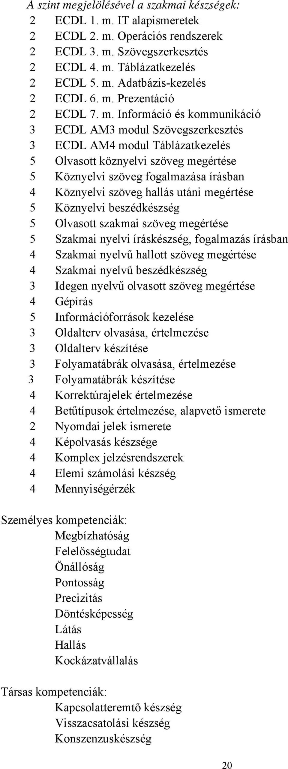 Információ és kommunikáció 3 ECDL AM3 modul Szövegszerkesztés 3 ECDL AM4 modul Táblázatkezelés 5 Olvasott köznyelvi szöveg megértése 5 Köznyelvi szöveg fogalmazása írásban 4 Köznyelvi szöveg hallás