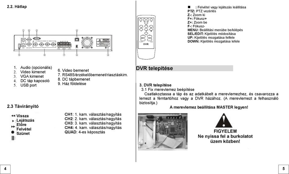 Video bemenet 7. RS485/érzékelőbemenet/riasztáskim. 8. DC tápbemenet 9. Ház földelése CH1: 1. kam. választás/nagyítás CH2: 2. kam. választás/nagyítás CH3: 3. kam. választás/nagyítás CH4: 4. kam. választás/nagyítás QUAD: 4-es képosztás DVR telepítése 3.