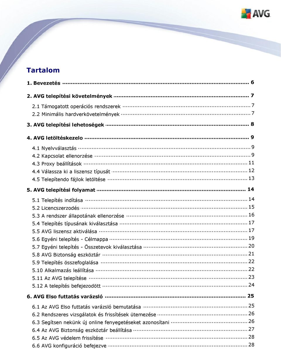 .. 14 5.1 Telepítés indítása... 15 5.2 Licencszerzodés 16 5.3 A rendszer... állapotának ellenorzése... 17 5.4 Telepítés típusának kiválasztása... 17 5.5 AVG liszensz aktiválása... 19 5.