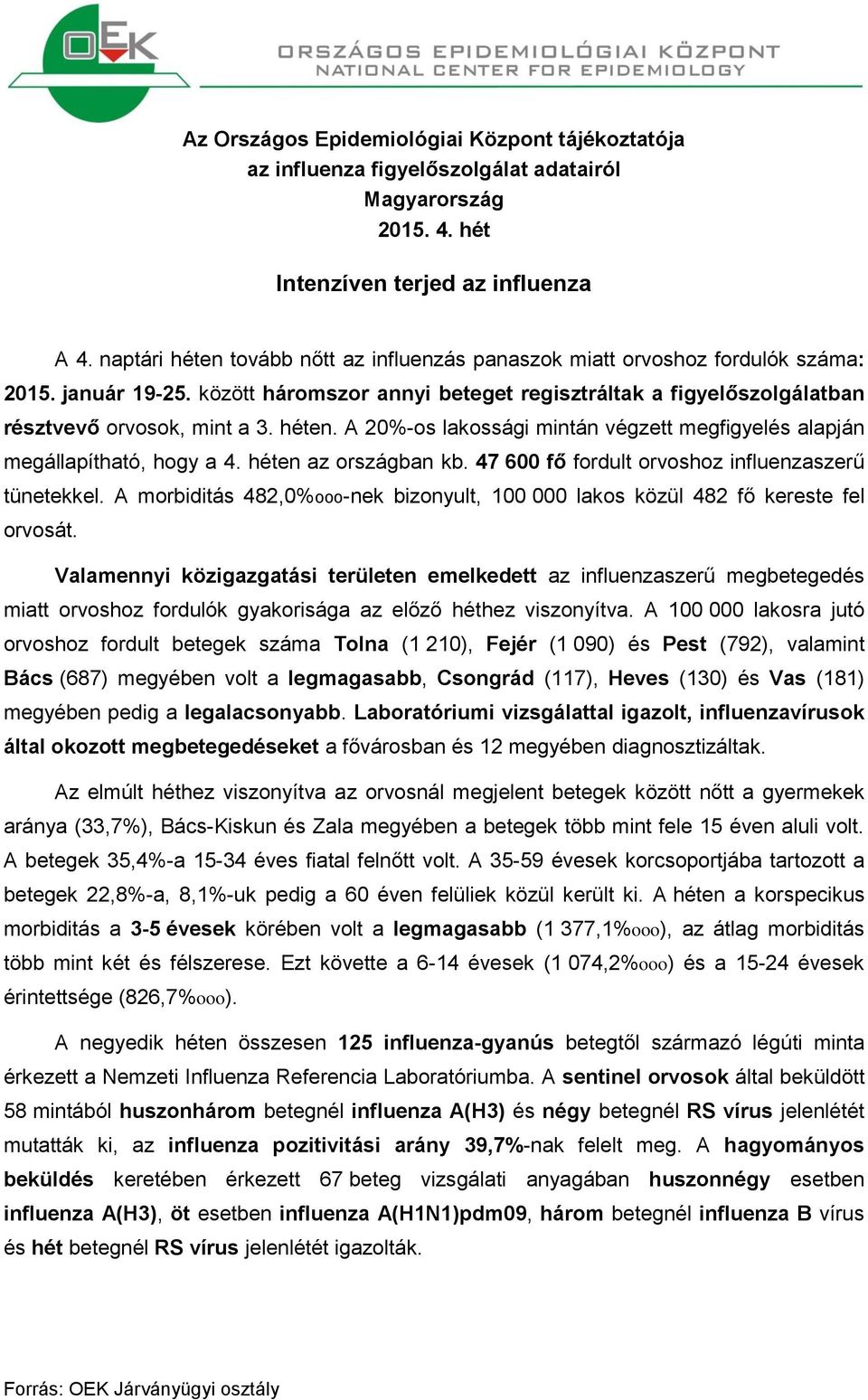 héten. A 20%-os lakossági mintán végzett megfigyelés alapján megállapítható, hogy a 4. héten az országban kb. 47 600 fő fordult orvoshoz influenzaszerű tünetekkel.