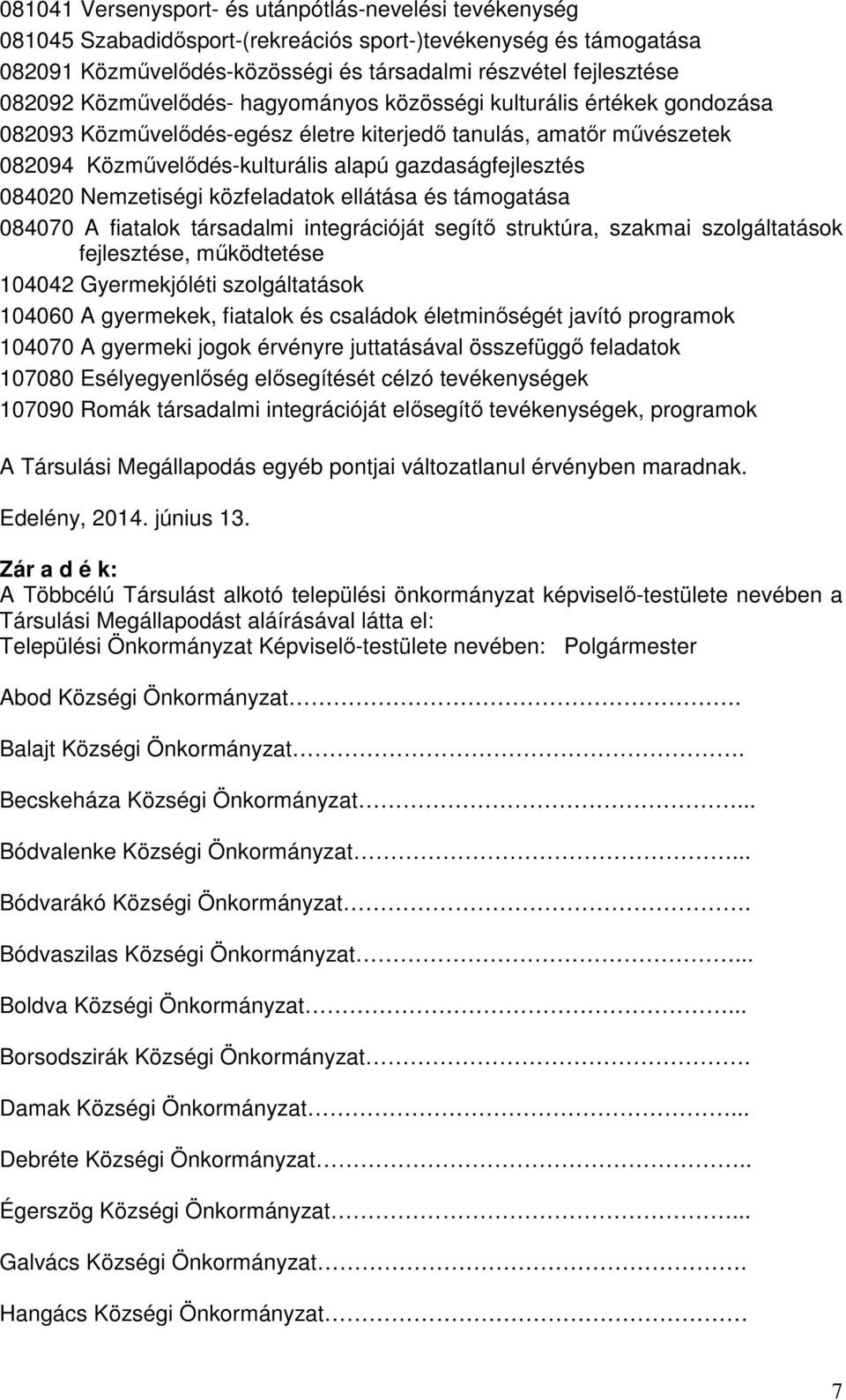 Nemzetiségi közfeladatok ellátása és támogatása 084070 A fiatalok társadalmi integrációját segítő struktúra, szakmai szolgáltatások fejlesztése, működtetése 104042 Gyermekjóléti szolgáltatások 104060