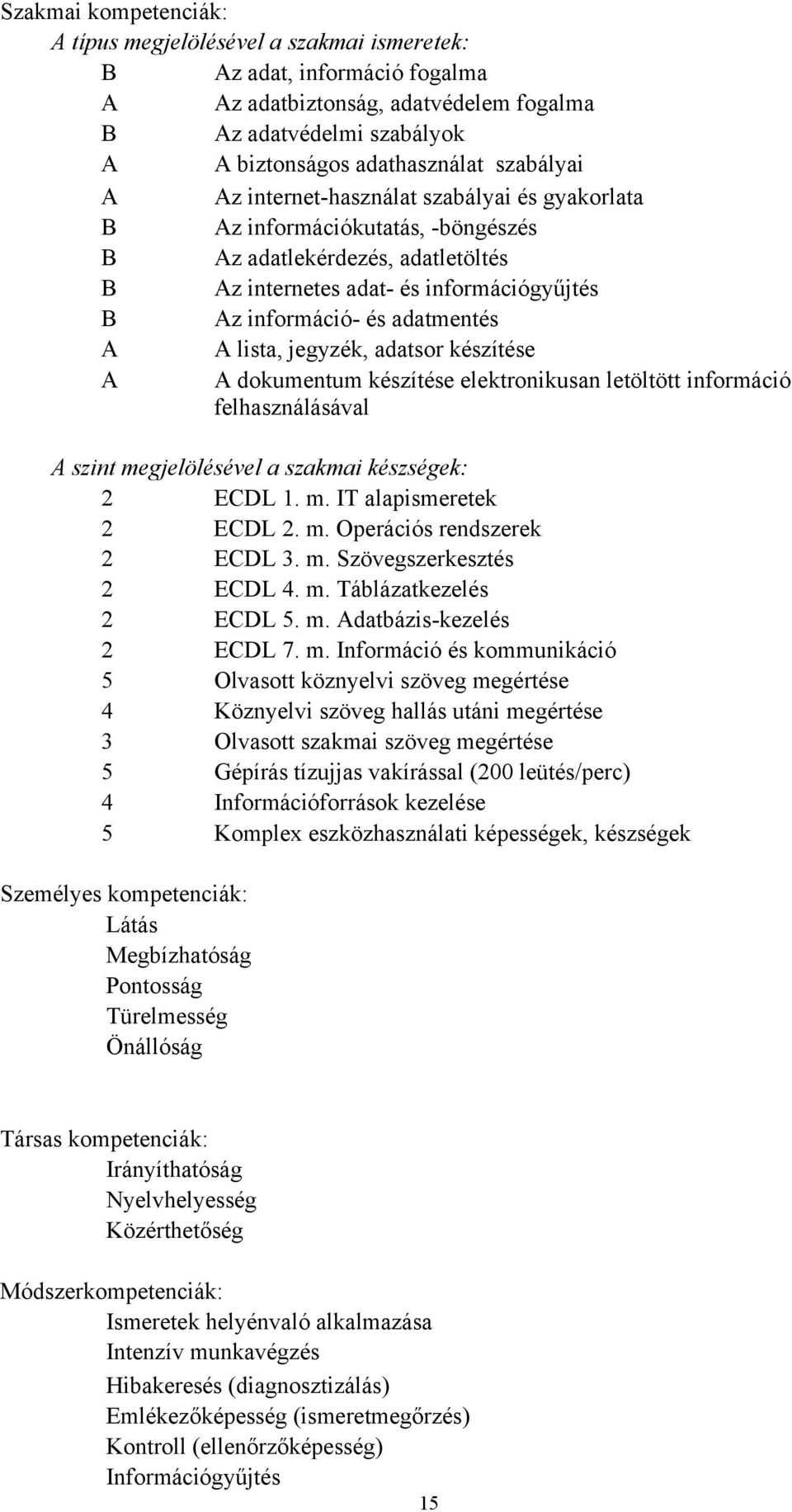 adatmentés A A lista, jegyzék, adatsor készítése A A dokumentum készítése elektronikusan letöltött információ felhasználásával A szint megjelölésével a szakmai készségek: 2 ECDL 1. m. IT alapismeretek 2 ECDL 2.