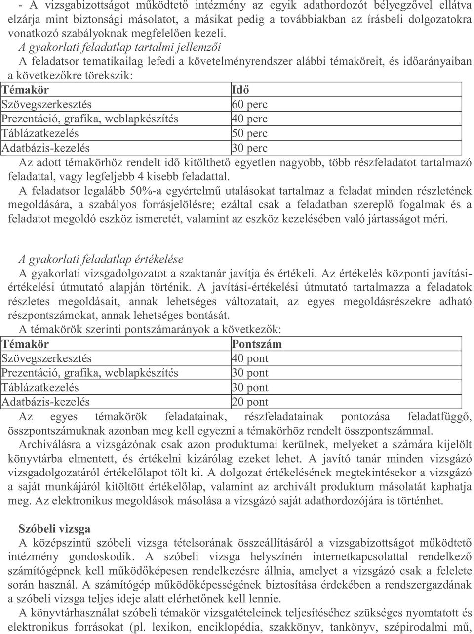 A feladatsor tematikailag lefedi a követelményrendszer alábbi témaköreit, és időarányaiban a következőkre törekszik: Témakör Idő Szövegszerkesztés 60 perc Prezentáció, grafika, weblapkészítés 40 perc