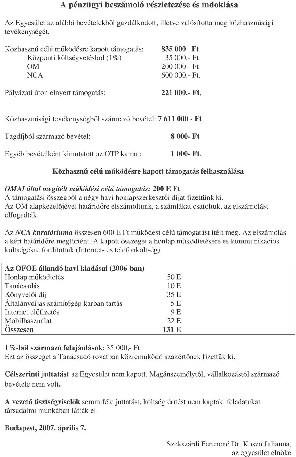 származó bevétel: 7 611 000 - Ft. Tagdíjból származó bevétel: Egyéb bevételként kimutatott az OTP kamat: 8 000- Ft 1 000- Ft.