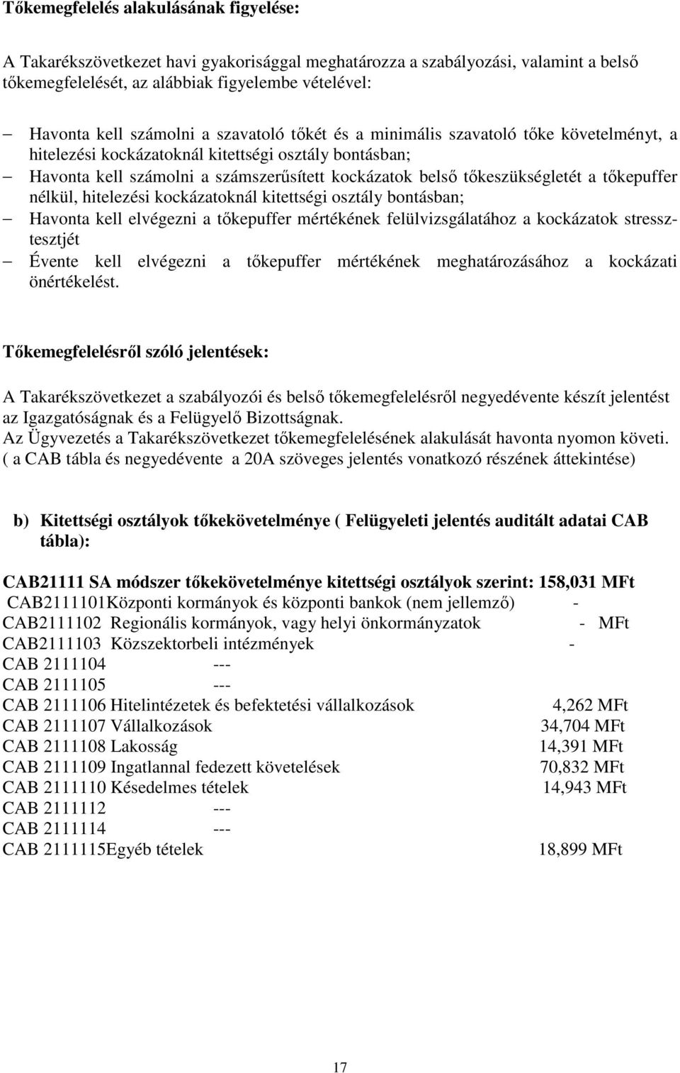 tőkepuffer nélkül, hitelezési kockázatoknál kitettségi osztály bontásban; Havonta kell elvégezni a tőkepuffer mértékének felülvizsgálatához a kockázatok stressztesztjét Évente kell elvégezni a