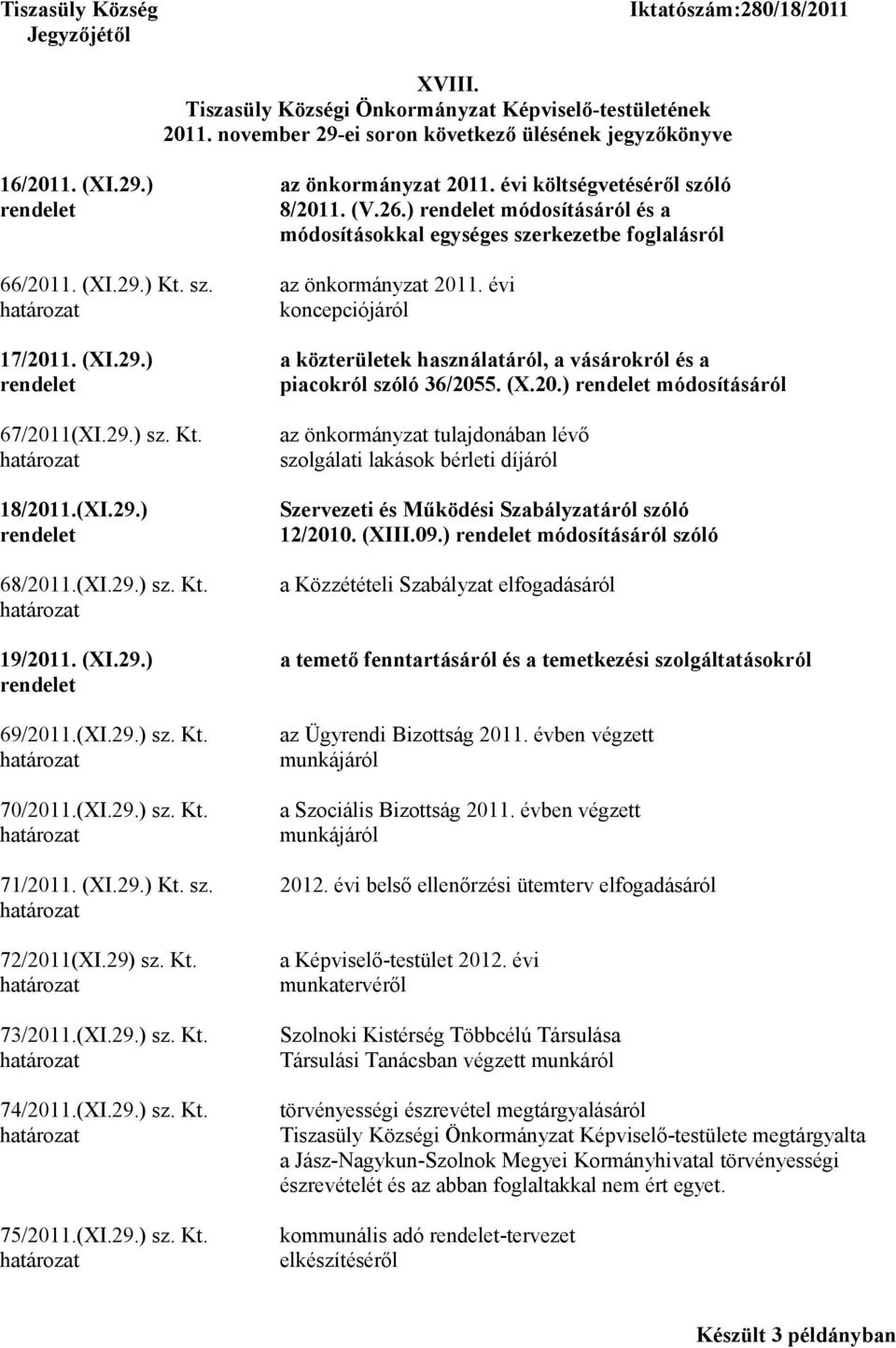 évi koncepciójáról 17/2011. (XI.29.) a közterületek használatáról, a vásárokról és a rendelet piacokról szóló 36/2055. (X.20.) rendelet módosításáról 67/2011(XI.29.) sz. Kt. 18/2011.(XI.29.) rendelet 68/2011.