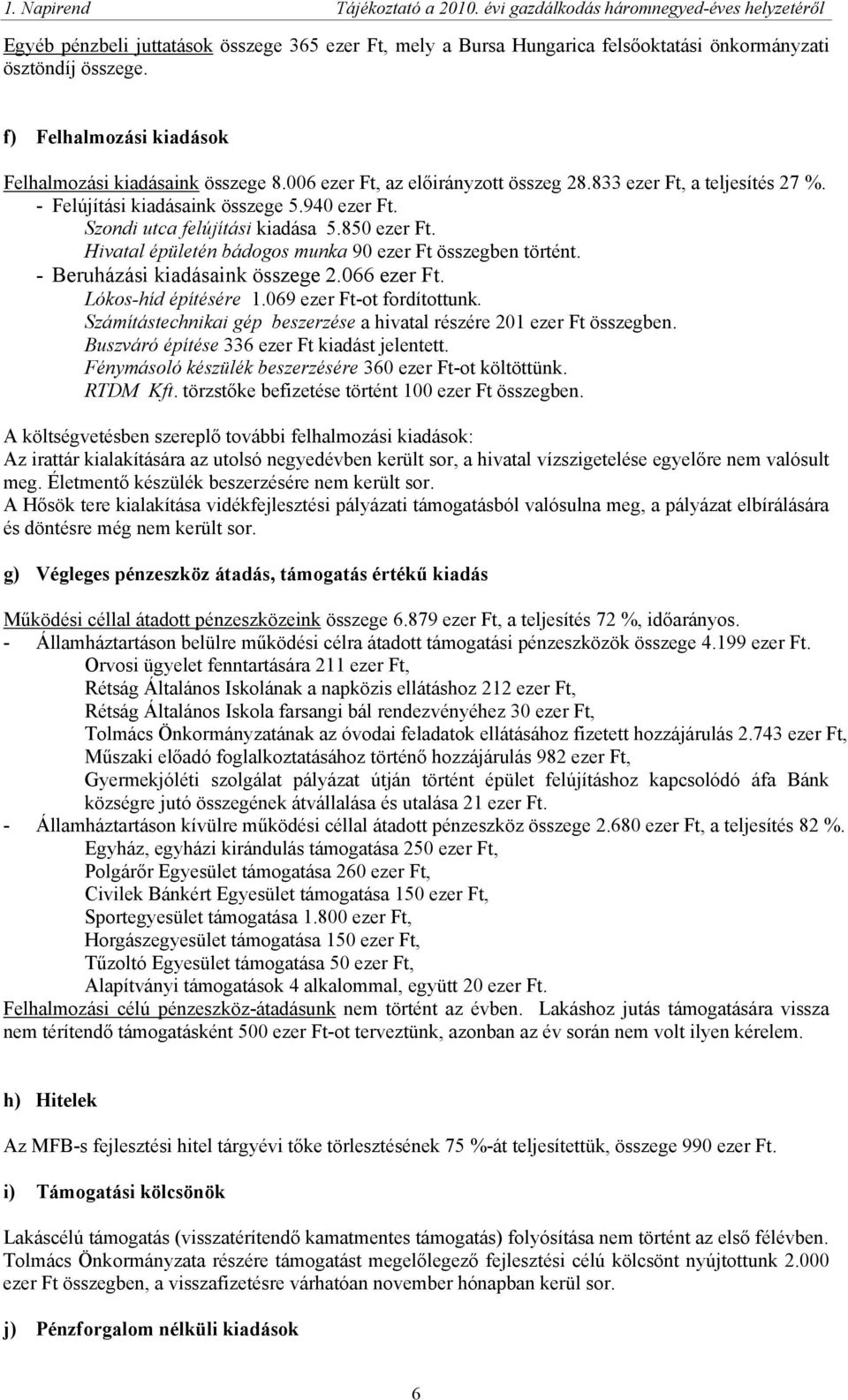 Hivatal épületén bádogos munka 90 ezer Ft összegben történt. - Beruházási kiadásaink összege 2.066 ezer Ft. Lókos-híd építésére 1.069 ezer Ft-ot fordítottunk.