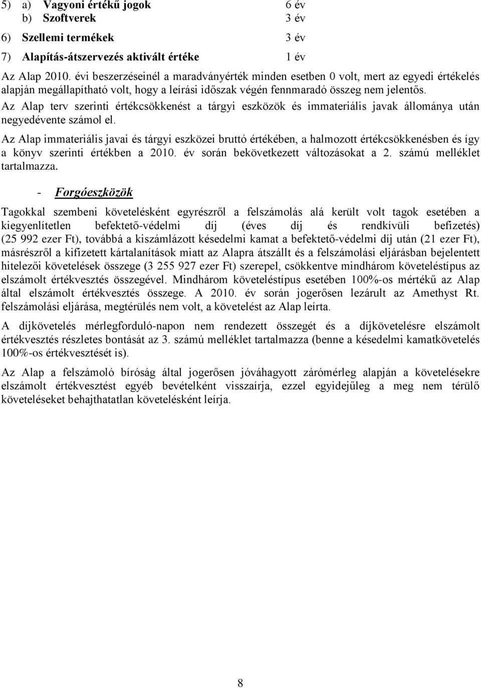 Az Alap terv szerinti értékcsökkenést a tárgyi eszközök és immateriális javak állománya után negyedévente számol el.