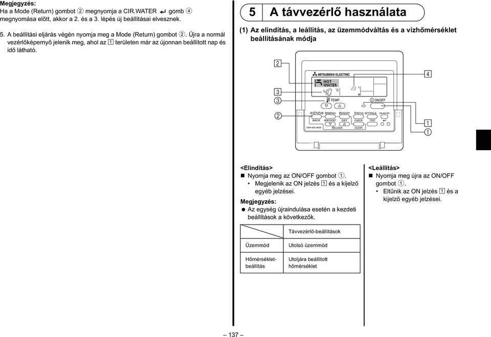 5 A távvezérl használata (1) Az elindítás, a leállítás, az üzemmódváltás és a vízh mérséklet beállításának módja <Elindítás> Nyomja meg az ON/OFF gombot 1.