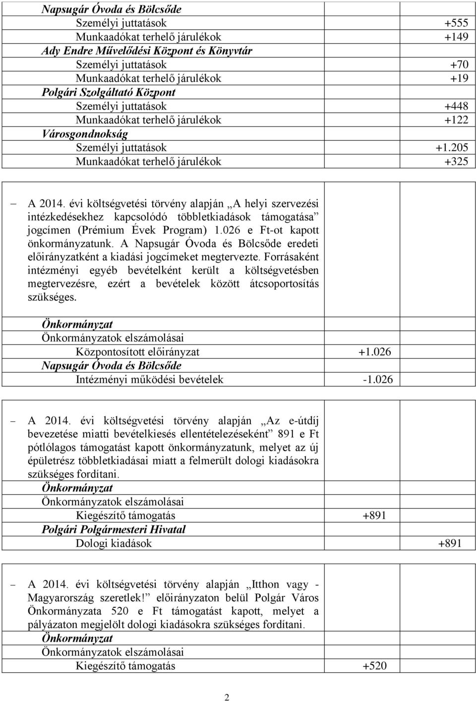 évi költségvetési törvény alapján A helyi szervezési intézkedésekhez kapcsolódó többletkiadások támogatása jogcímen (Prémium Évek Program) 1.026 e Ft-ot kapott önkormányzatunk.