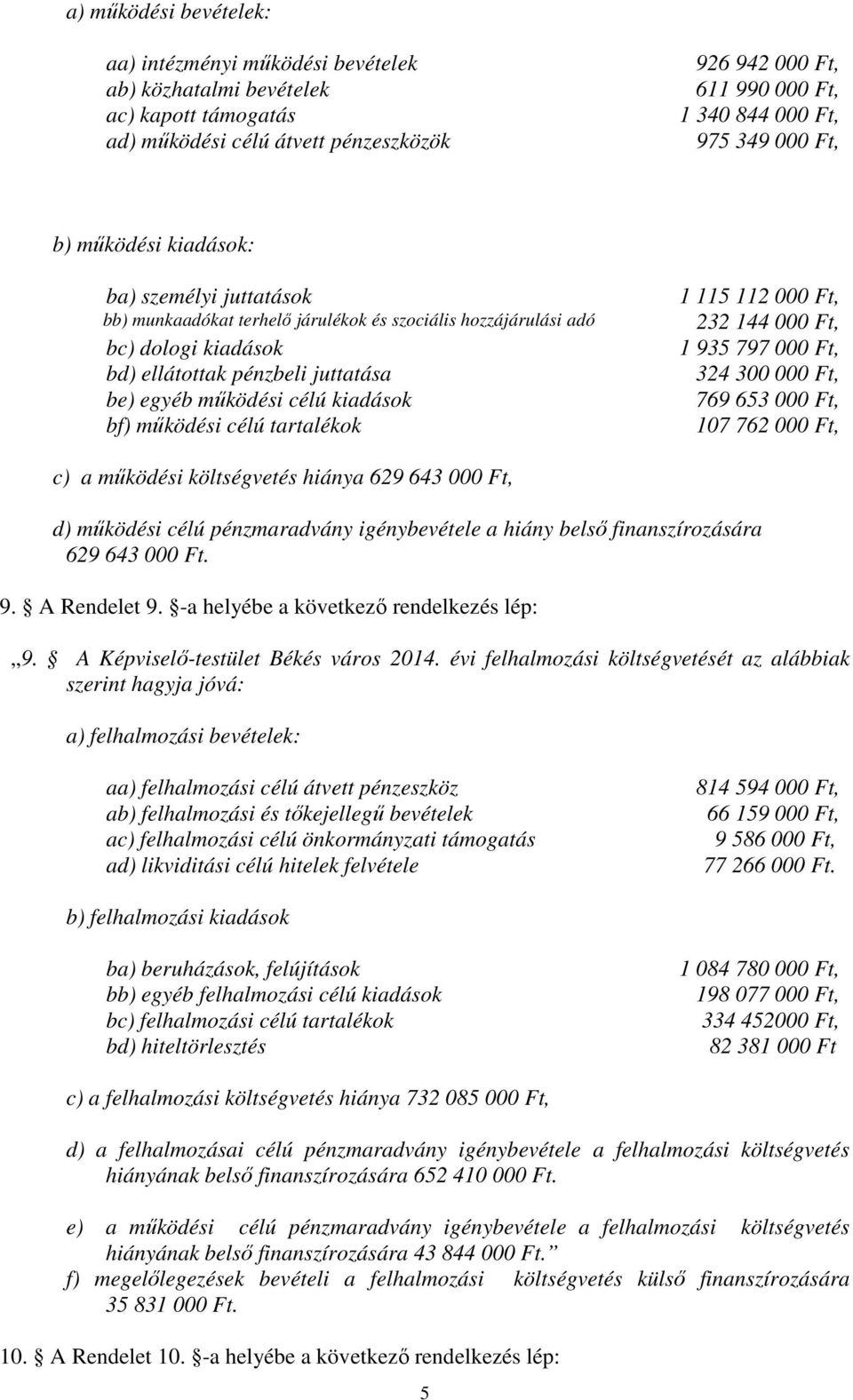 kiadások bf) működési célú tartalékok 1 115 112 000 Ft, 232 144 000 Ft, 1 935 797 000 Ft, 324 300 000 Ft, 769 653 000 Ft, 107 762 000 Ft, c) a működési költségvetés hiánya 629 643 000 Ft, d) működési