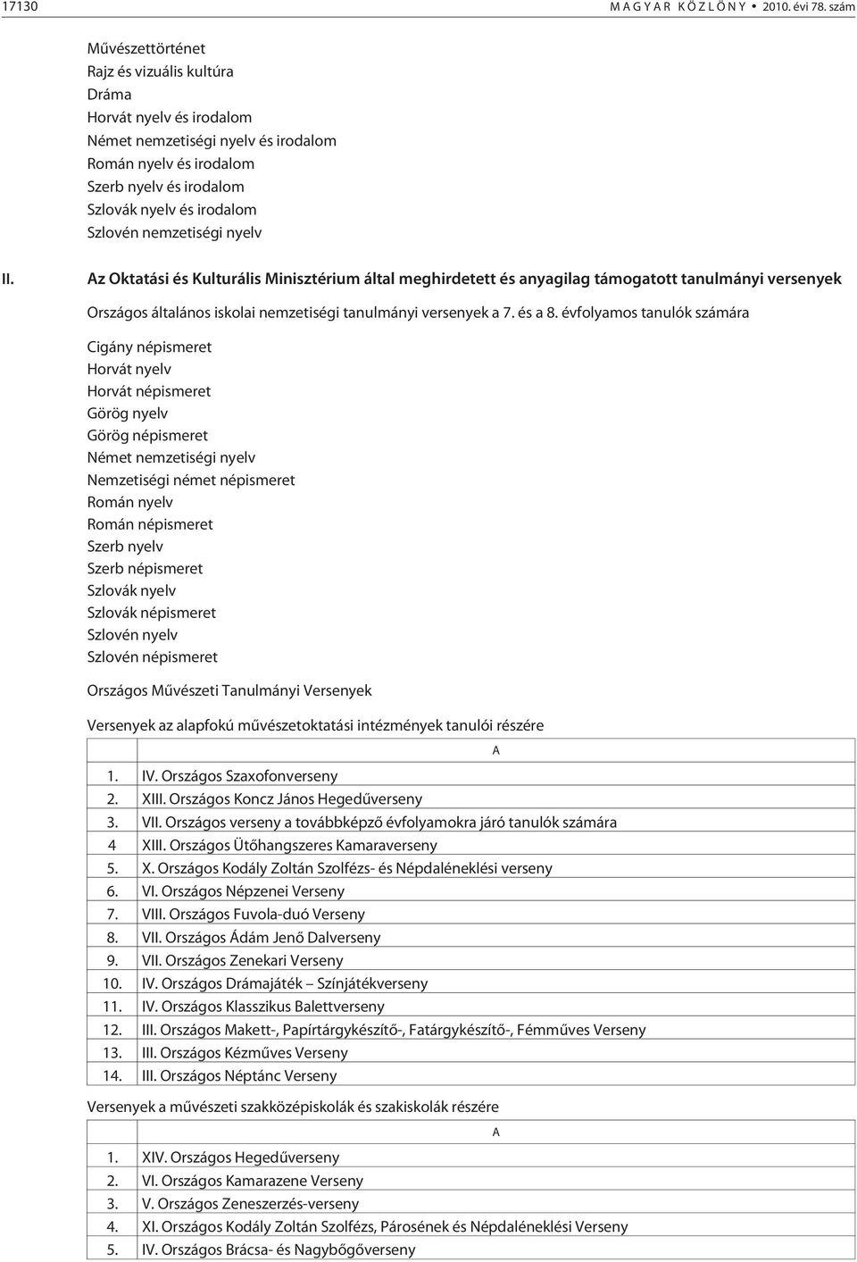 nemzetiségi nyelv II. Az Oktatási és Kulturális Minisztérium által meghirdetett és anyagilag támogatott tanulmányi versenyek Országos általános iskolai nemzetiségi tanulmányi versenyek a 7. és a 8.