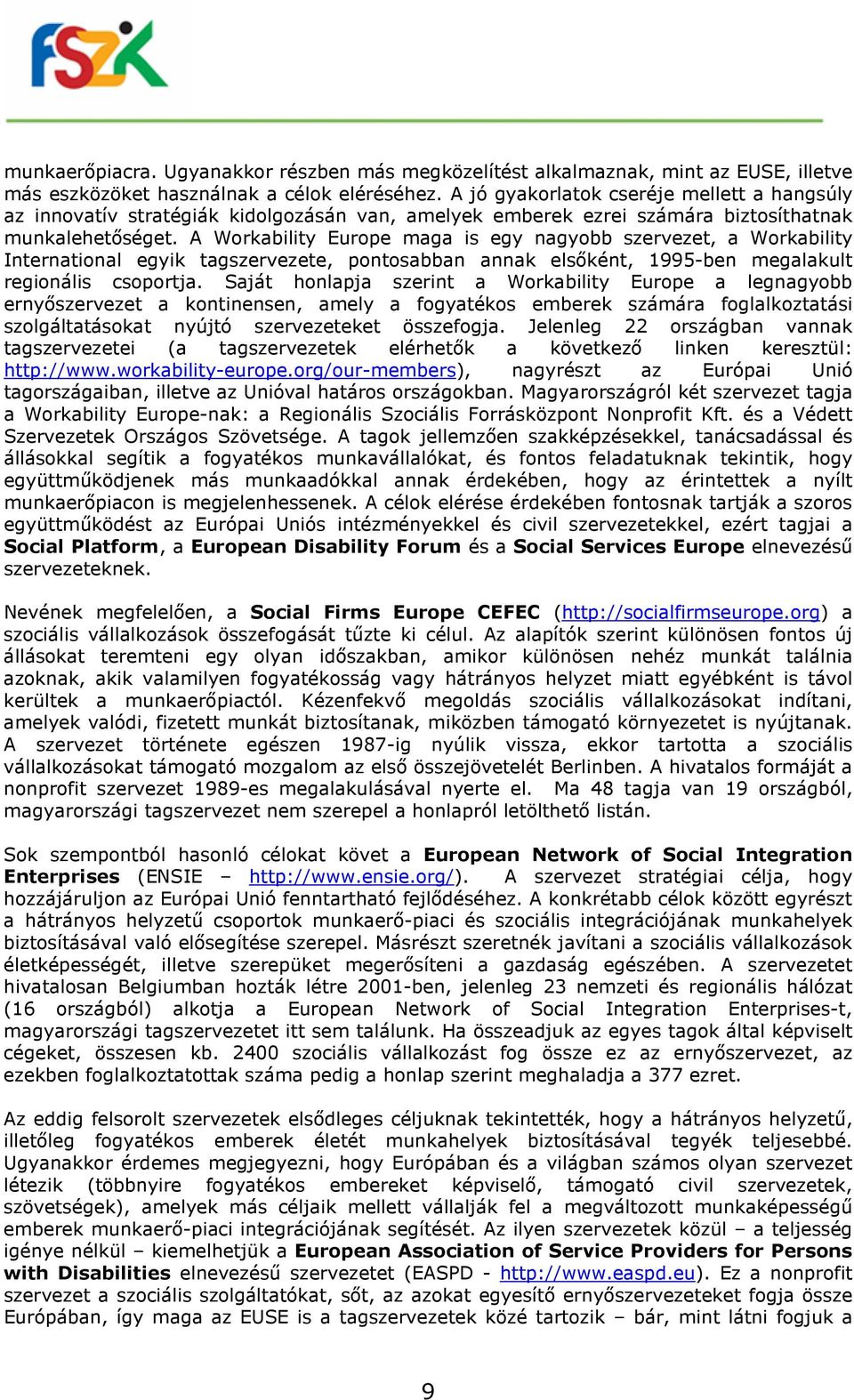 A Workability Europe maga is egy nagyobb szervezet, a Workability International egyik tagszervezete, pontosabban annak elsőként, 1995-ben megalakult regionális csoportja.