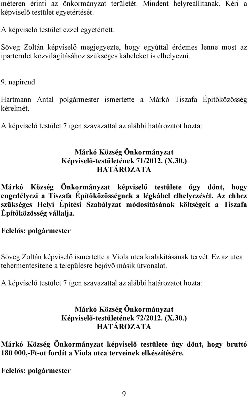 napirend Hartmann Antal polgármester ismertette a Márkó Tiszafa Építőközösség kérelmét. Képviselő-testületének 71/2012. (X.30.