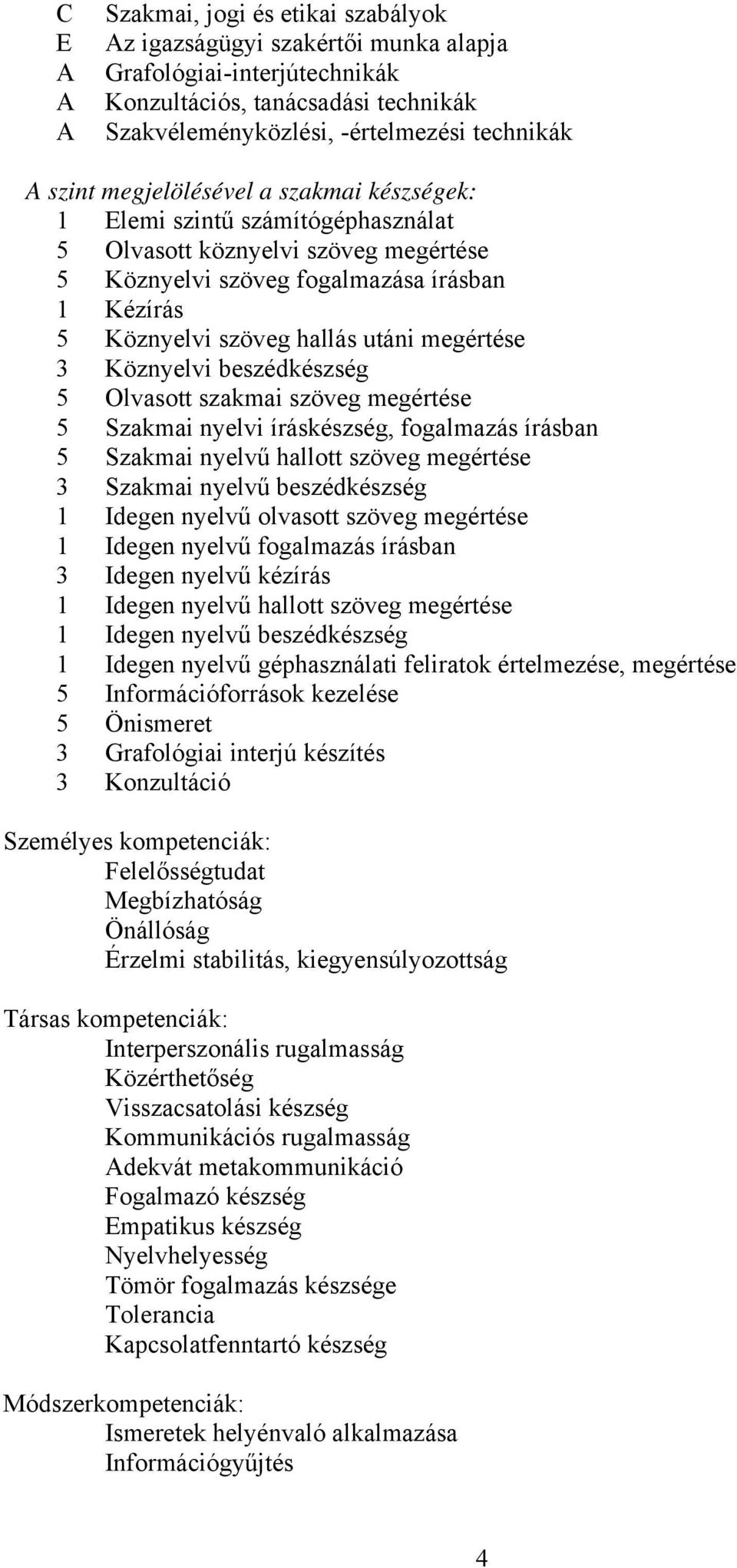 3 Köznyelvi beszédkészség 5 Olvasott szakmai szöveg megértése 5 Szakmai nyelvi íráskészség, fogalmazás írásban 5 Szakmai nyelvű hallott szöveg megértése 3 Szakmai nyelvű beszédkészség 1 Idegen nyelvű