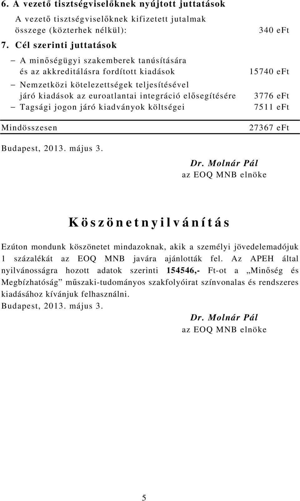 Tagsági jogon járó kiadványok költségei Mindösszesen 340 eft 15740 eft 3776 eft 7511 eft 27367 eft, 2013. május 3. Dr.