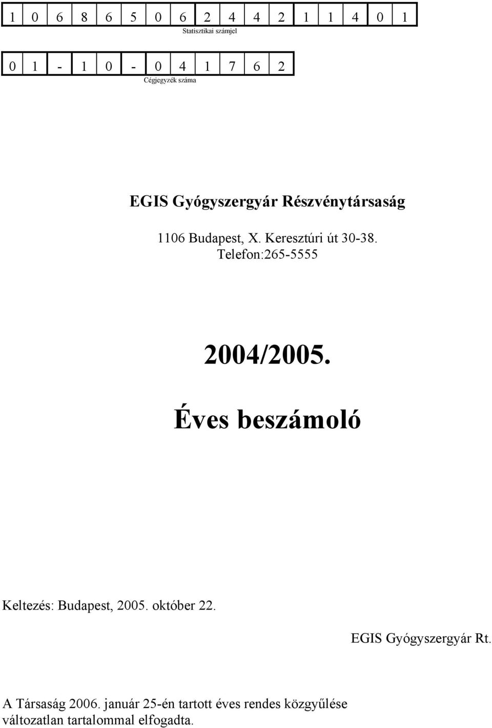 Telefon:265-5555 2004/2005. Éves beszámoló Keltezés: Budapest, 2005. október 22.