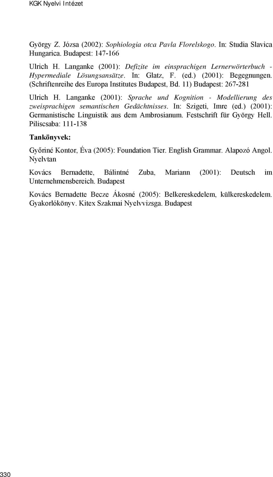 11) Budapest: 267-281 Ulrich H. Langanke (2001): Sprache und Kognition - Modellierung des zweisprachigen semantischen Gedächtnisses. In: Szigeti, Imre (ed.