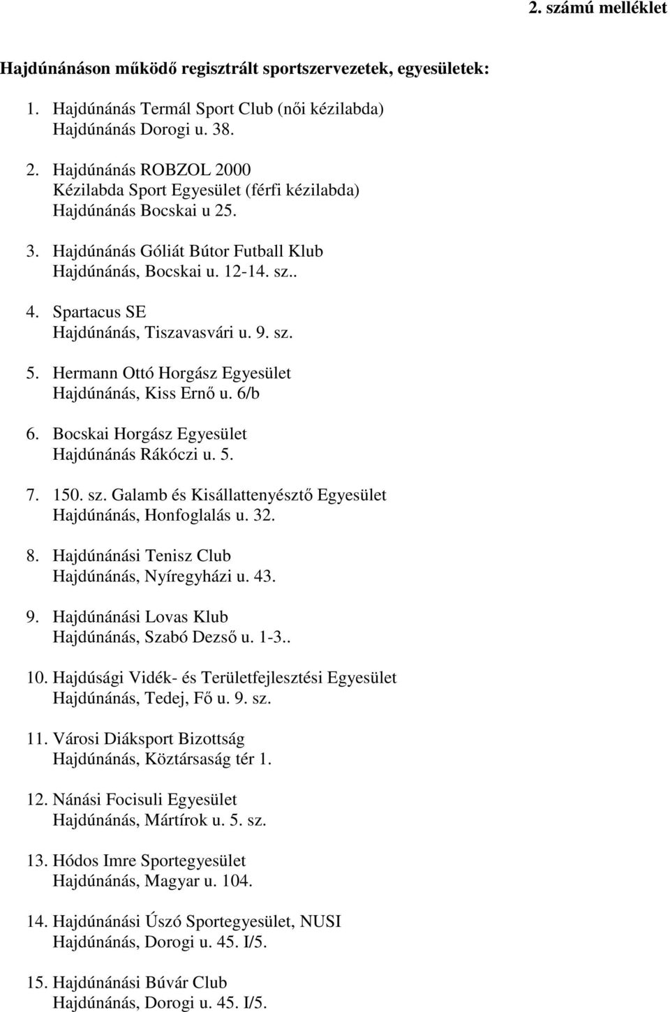 Spartacus SE Hajdúnánás, Tiszavasvári u. 9. sz. 5. Hermann Ottó Horgász Egyesület Hajdúnánás, Kiss Ernı u. 6/b 6. Bocskai Horgász Egyesület Hajdúnánás Rákóczi u. 5. 7. 150. sz. Galamb és Kisállattenyésztı Egyesület Hajdúnánás, Honfoglalás u.