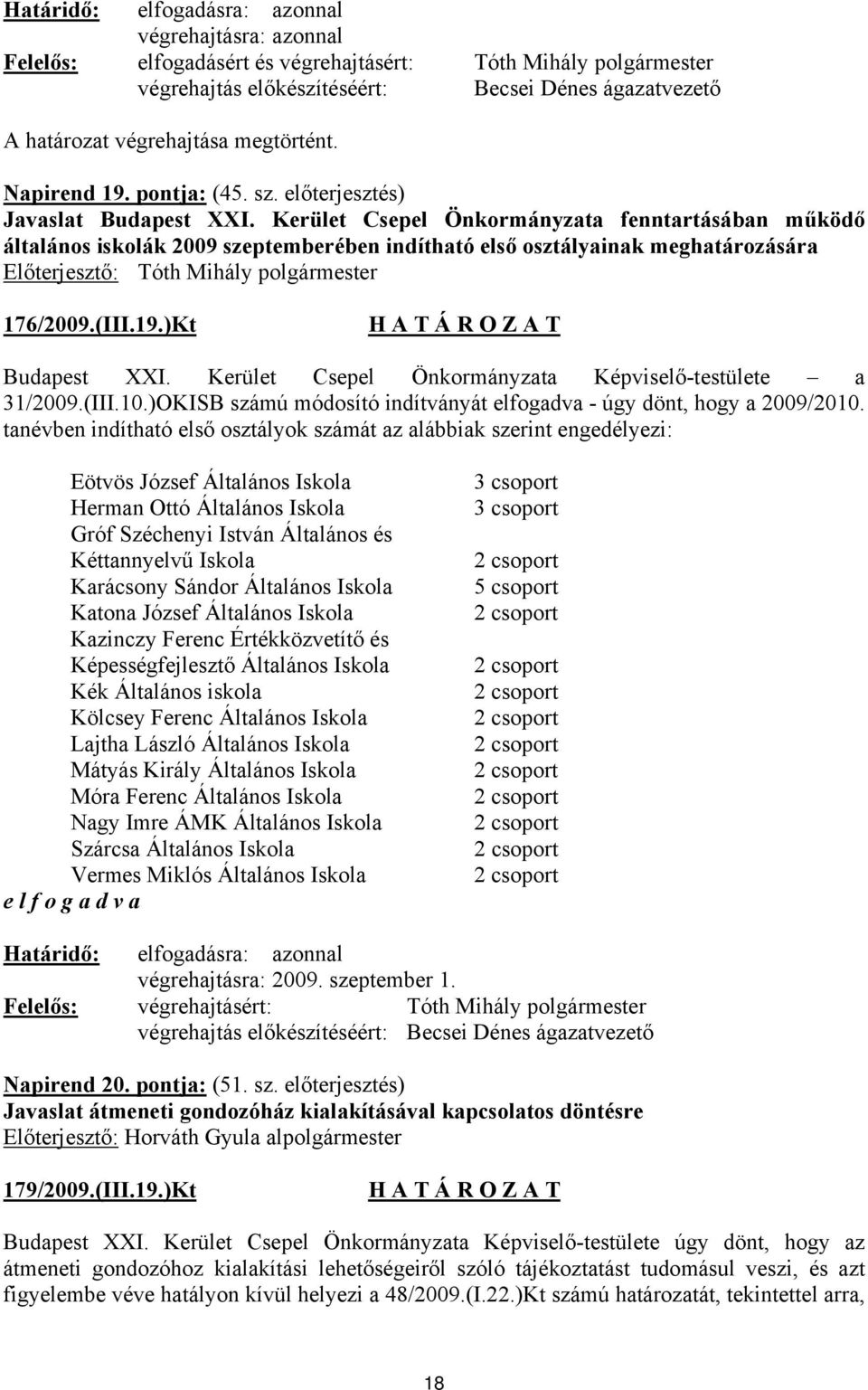 )Kt Budapest XXI. Kerület Csepel Önkormányzata Képviselő-testülete a 31/2009.(III.10.)OKISB számú módosító indítványát elfogadva - úgy dönt, hogy a 2009/2010.