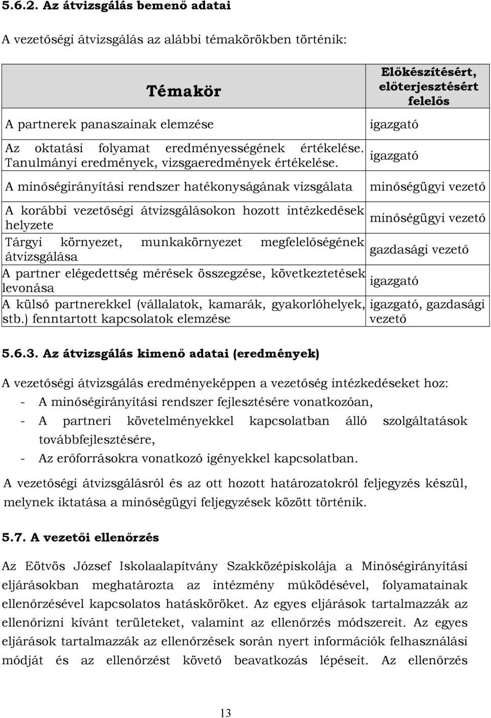 A minőségirányítási rendszer hatékonyságának vizsgálata Előkészítésért, előterjesztésért felelős igazgató igazgató minőségügyi vezető A korábbi vezetőségi átvizsgálásokon hozott intézkedések