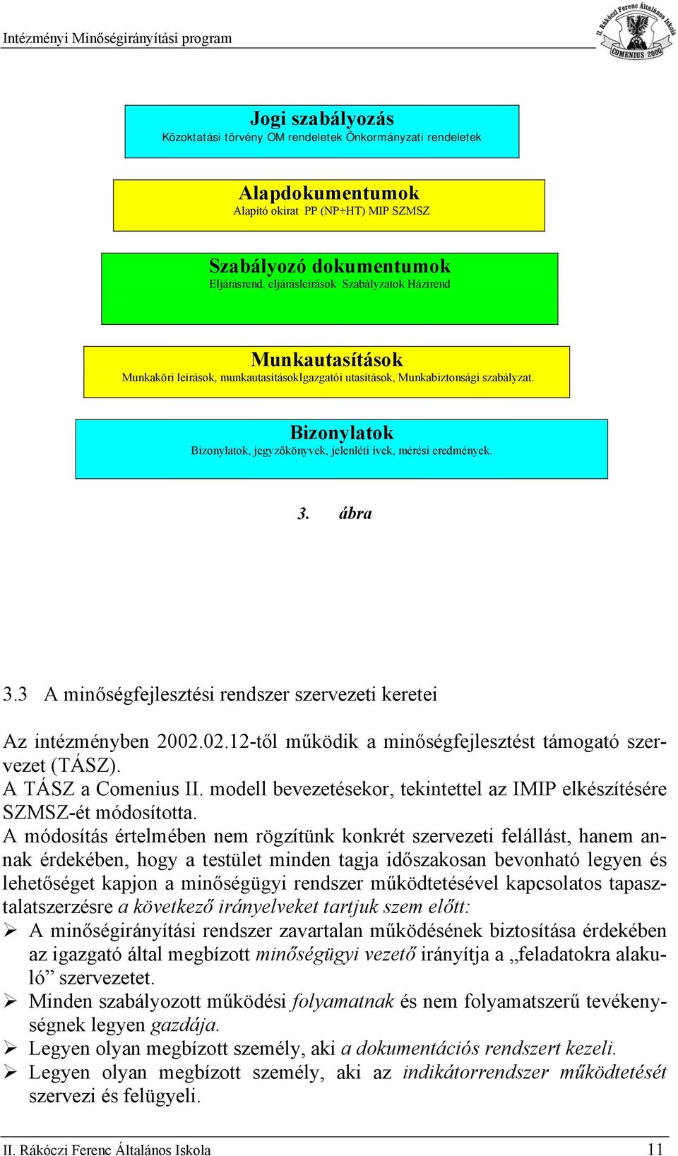 3 A minőségfejlesztési rendszer szervezeti keretei Az intézményben 2002.02.12-től működik a minőségfejlesztést támgató szervezet (TÁSZ). A TÁSZ a Cmenius II.