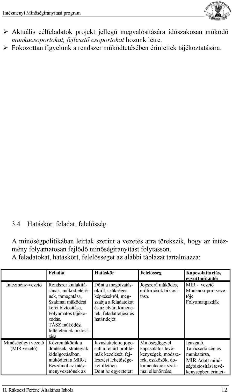 A feladatkat, hatáskört, felelősséget az alábbi táblázat tartalmazza: Intézmény-vezető Minőségügyi vezető (MIR vezető) Feladat Hatáskör Felelősség Kapcslattartás, együttműködés Rendszer