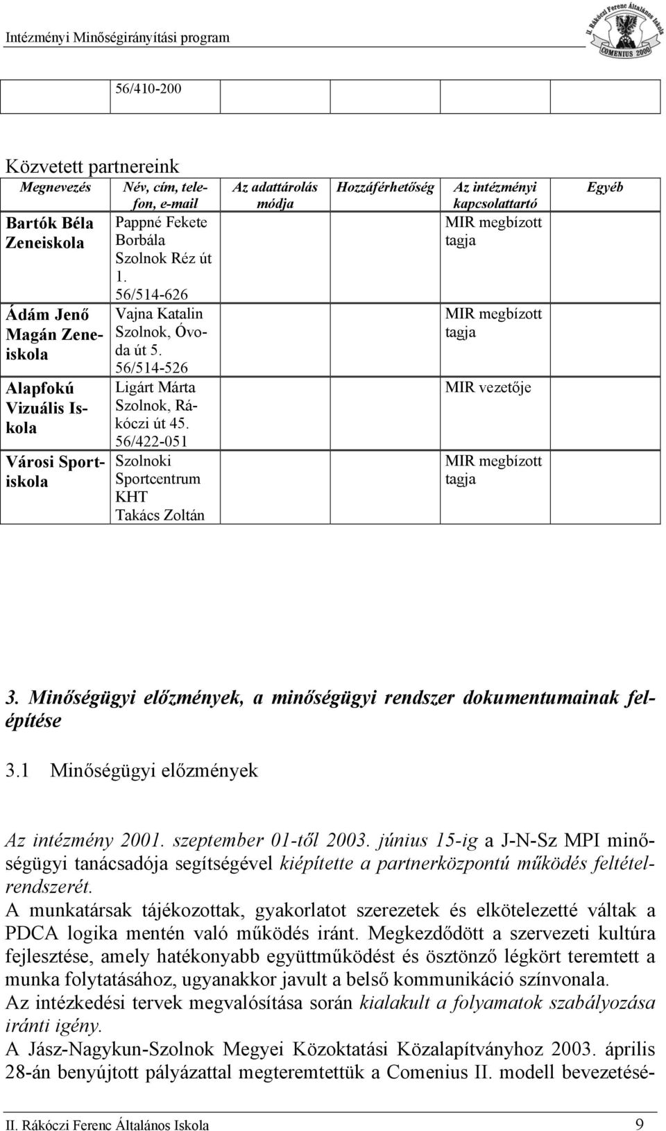 56/422-051 Szlnki Sprtcentrum KHT Takács Zltán Az adattárlás módja Hzzáférhetőség Az intézményi kapcslattartó MIR megbíztt tagja MIR megbíztt tagja MIR vezetője MIR megbíztt tagja Egyéb 3.