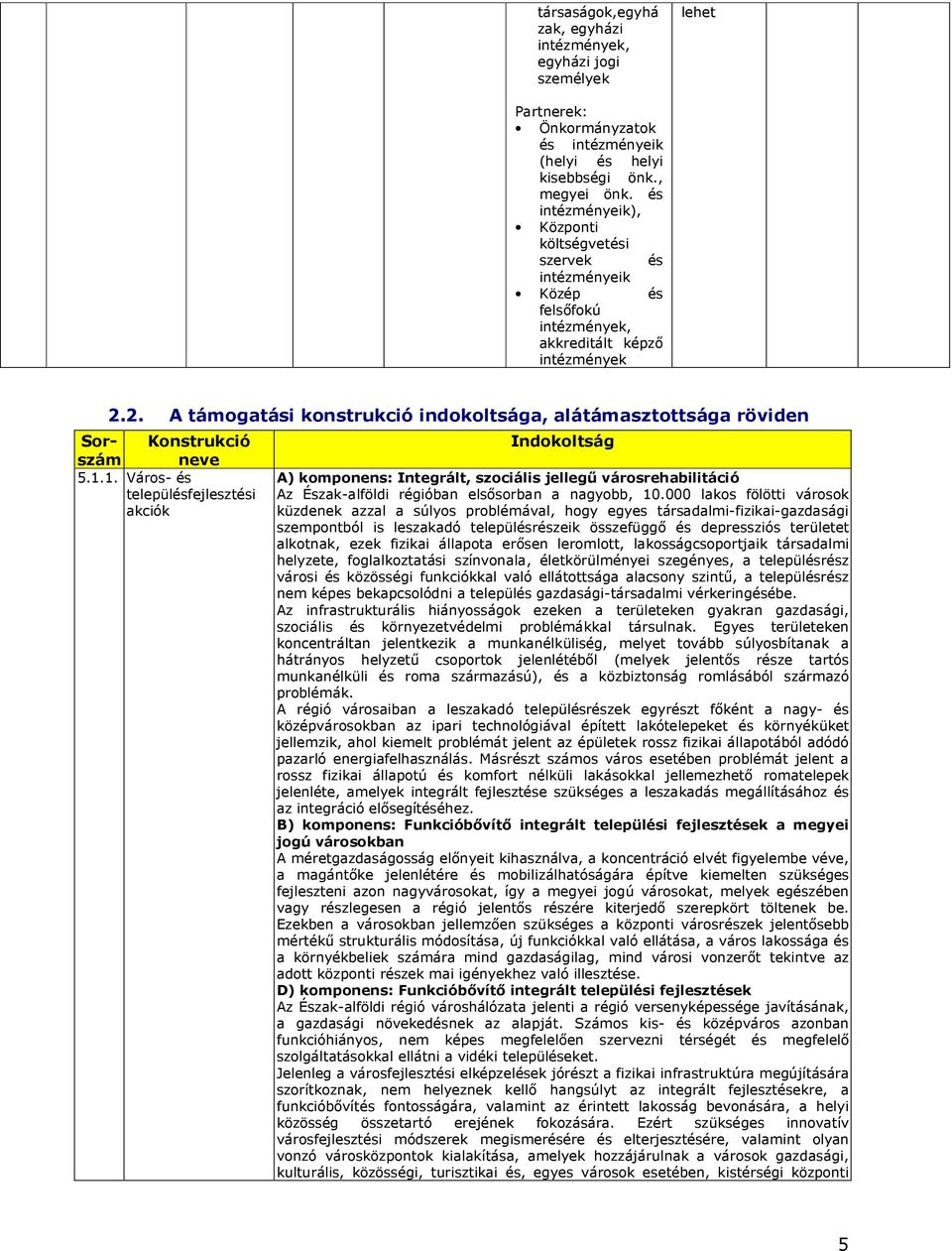 2. A támogatási konstrukció indokoltsága, alátámasztottsága röviden Sorszám neve Konstrukció 5.1.