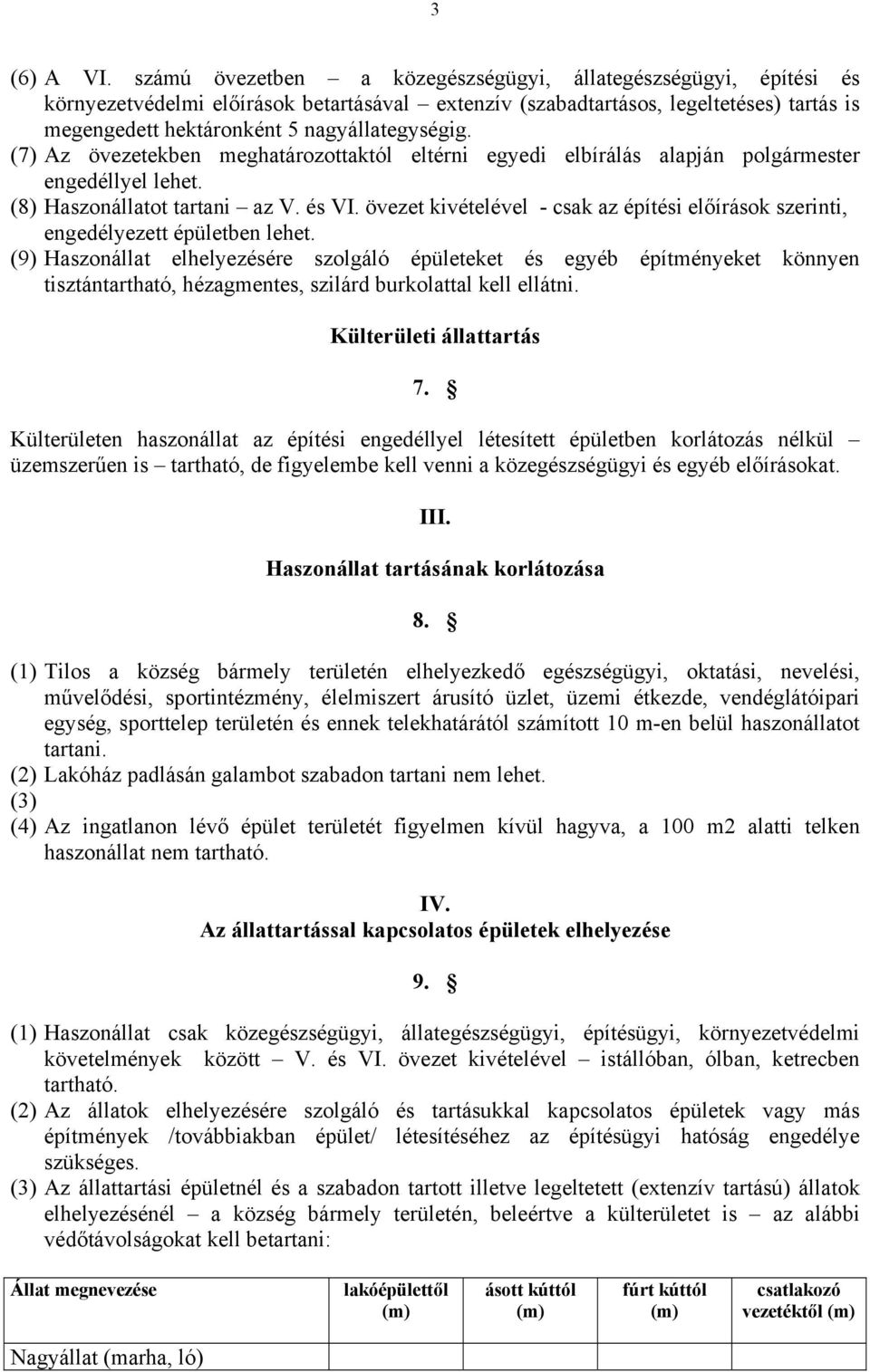 (7) Az övezetekben meghatározottaktól eltérni egyedi elbírálás alapján polgármester engedéllyel lehet. (8) Haszonállatot tartani az V. és VI.