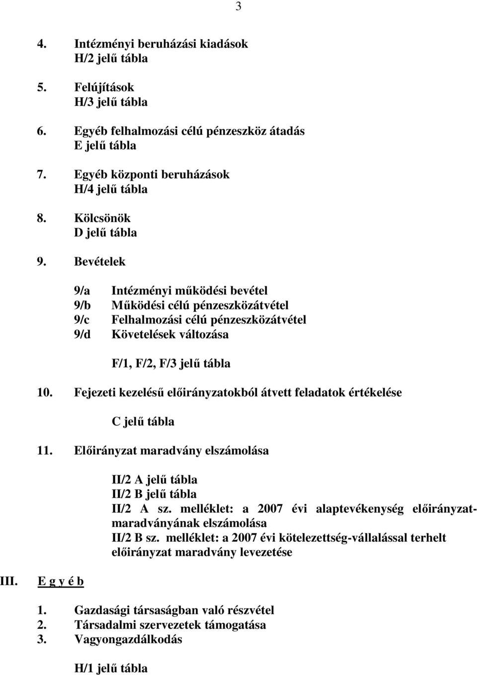 Fejezeti kezeléső elıirányzatokból átvett feladatok értékelése C jelő tábla 11. Elıirányzat maradvány elszámolása II/2 A jelő tábla II/2 B jelő tábla II/2 A sz.