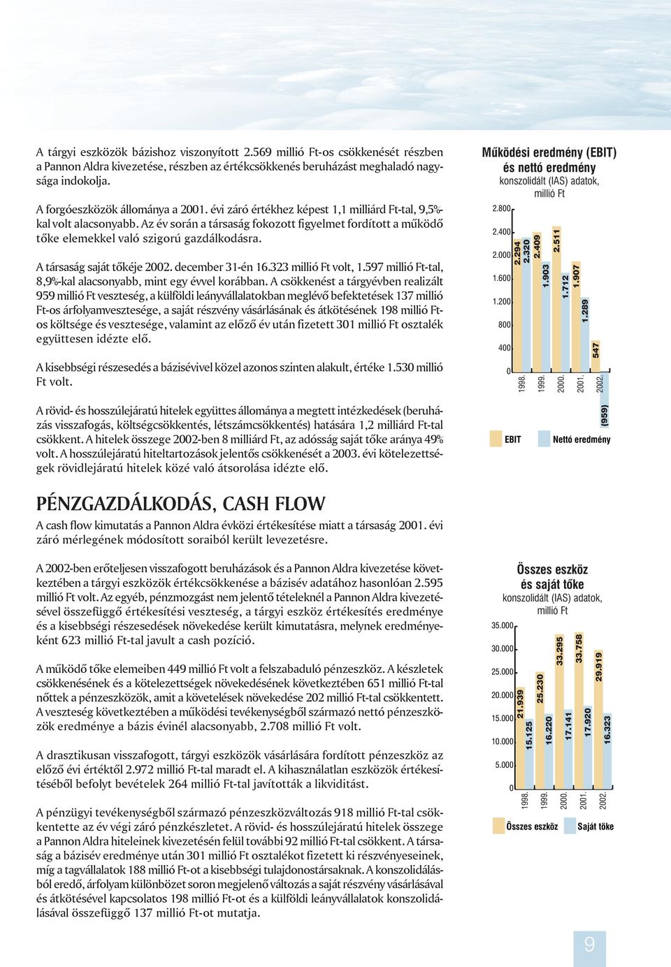 Az év során a társaság fokozott figyelmet fordított a mûködõ tõke elemekkel való szigorú gazdálkodásra. A társaság saját tõkéje 2002. december 31-én 16.323 millió Ft volt, 1.