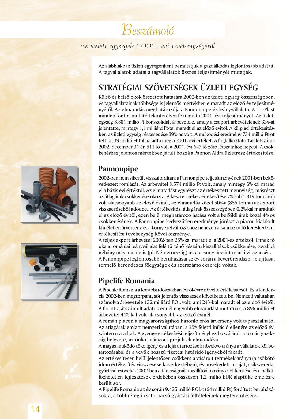 STRATÉGIAI SZÖVETSÉGEK ÜZLETI EGYSÉG Külsõ és belsõ okok összetett hatására 2002-ben az üzleti egység összességében, és tagvállalatainak többsége is jelentõs mértékben elmaradt az elõzõ év